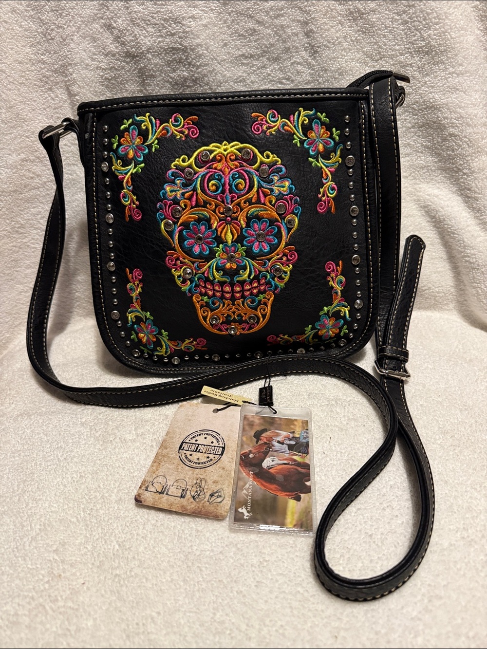 Montana West Black Crossbody Bag with Multicolor Embroidered Sugar Skull